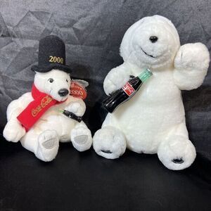 coca cola. vintage    ‎  BRAND Plush Polar Bears with scarf both holding bottles
